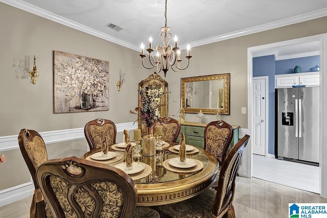 dining space featuring crown molding, visible vents, and a chandelier