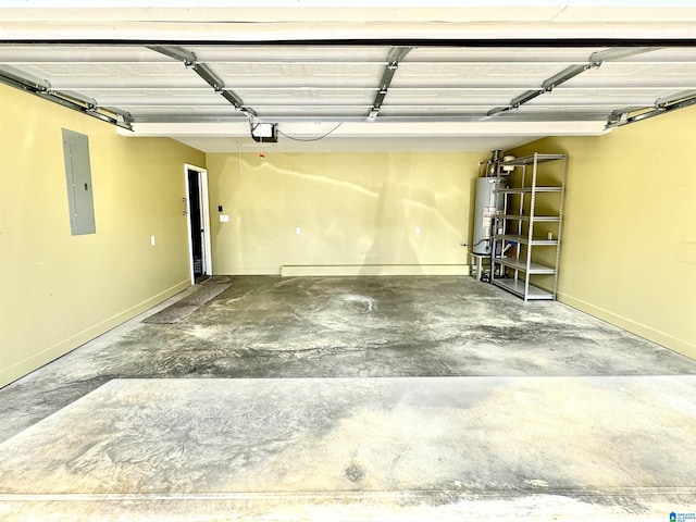 garage featuring electric panel, gas water heater, and a garage door opener