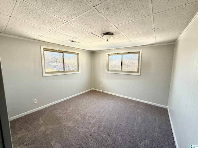 spare room featuring plenty of natural light, a drop ceiling, baseboards, and carpet floors