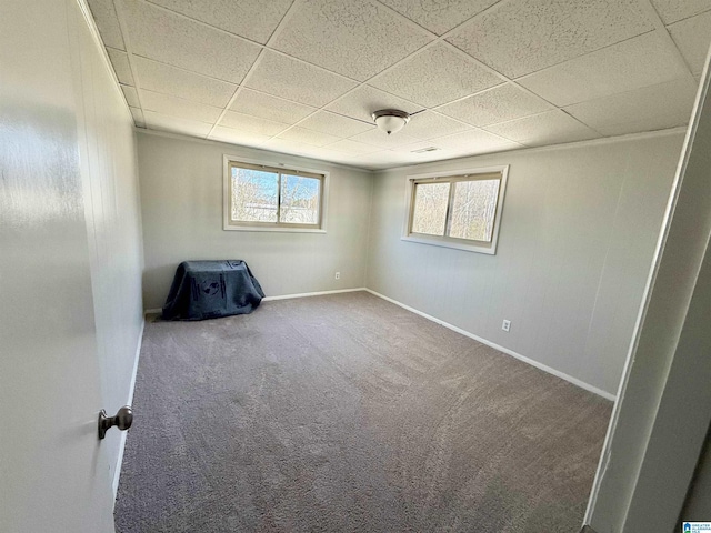 unfurnished room featuring a drop ceiling, a healthy amount of sunlight, baseboards, and carpet floors