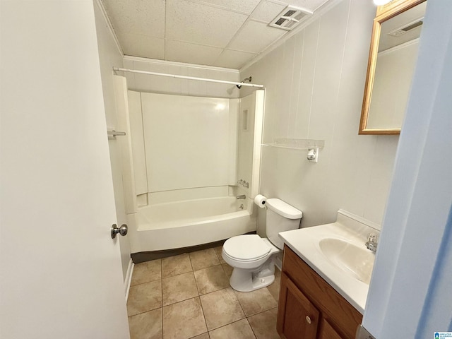 full bath with visible vents, toilet, shower / tub combination, tile patterned floors, and vanity