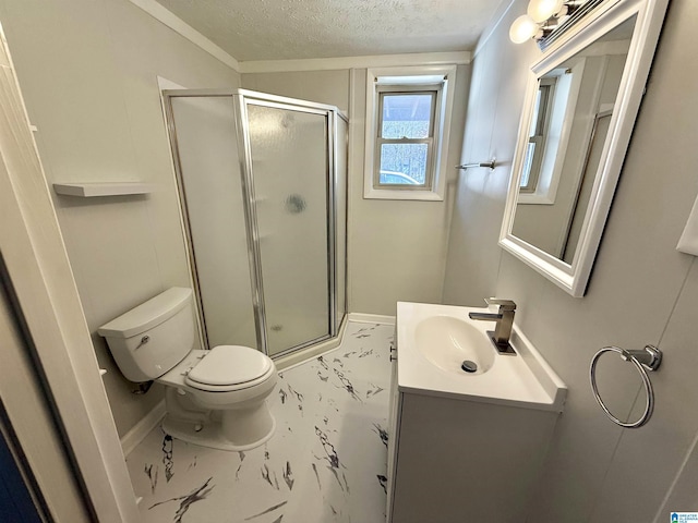 full bathroom with toilet, vanity, a stall shower, marble finish floor, and a textured ceiling