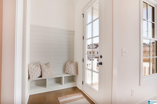 mudroom with dark wood-style floors