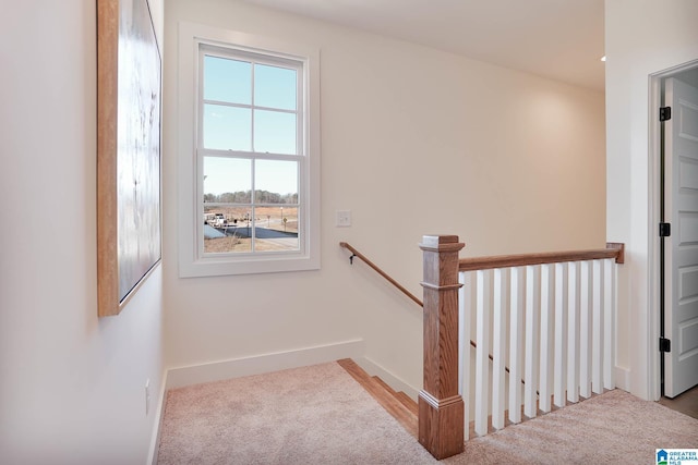 stairway featuring baseboards and carpet floors