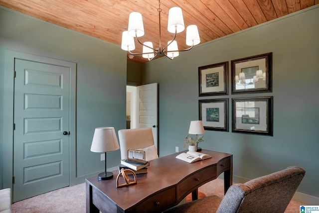 office with wooden ceiling, a notable chandelier, carpet, and baseboards