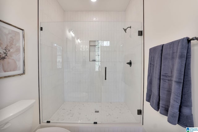 bathroom with a stall shower and toilet