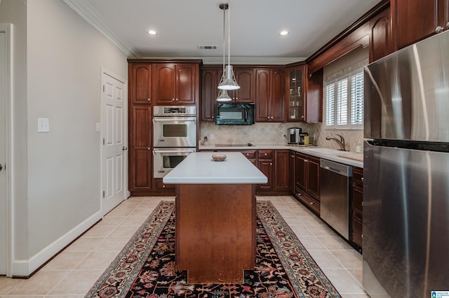 kitchen with backsplash, baseboards, ornamental molding, light tile patterned flooring, and black appliances