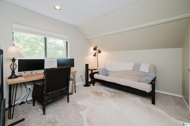 office space featuring vaulted ceiling, recessed lighting, baseboards, and carpet floors