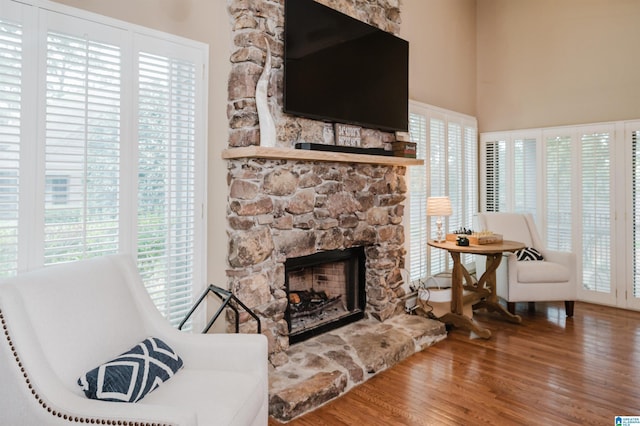 living area featuring a fireplace and wood finished floors