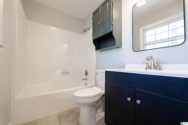 bathroom with shower / bath combination, tile patterned floors, toilet, and vanity