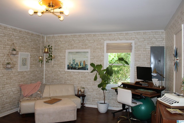 office with electric panel, baseboards, dark wood-type flooring, and ornamental molding