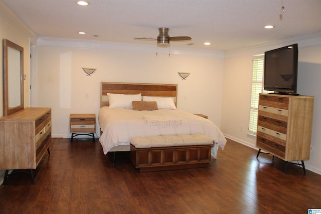 bedroom with recessed lighting, dark wood-style floors, and ornamental molding