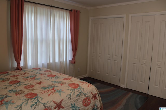 bedroom featuring dark wood-style floors, two closets, and ornamental molding