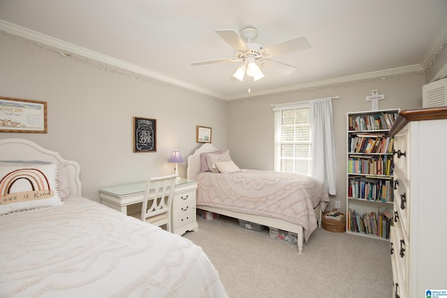 bedroom with a ceiling fan, carpet, and ornamental molding