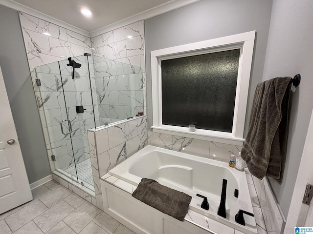 full bathroom with a garden tub and a marble finish shower