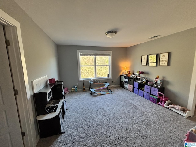 game room featuring baseboards, visible vents, and carpet floors