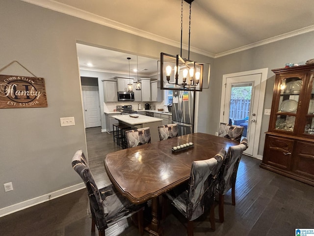 dining room with baseboards, crown molding, an inviting chandelier, and dark wood-style flooring