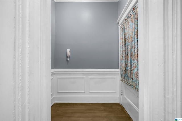 room details featuring a wainscoted wall, wood finished floors, and a decorative wall