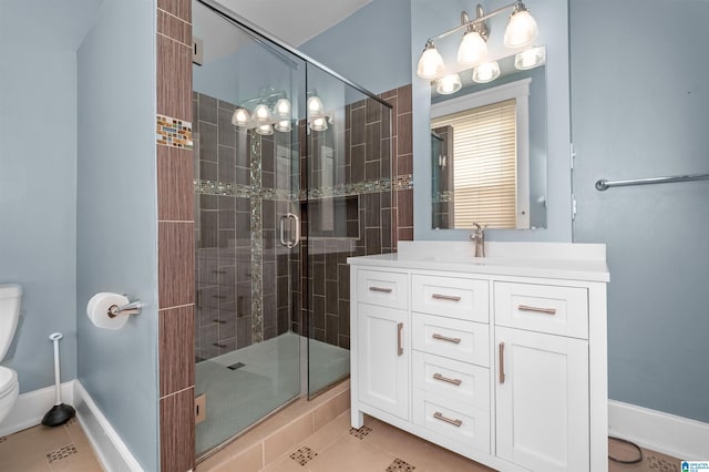 full bathroom with toilet, a stall shower, and tile patterned flooring