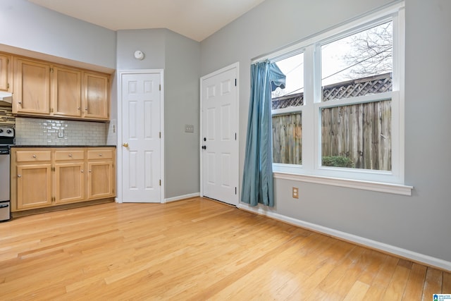 kitchen featuring dark countertops, stainless steel electric range, tasteful backsplash, and light wood finished floors