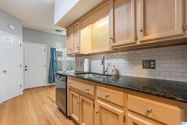 kitchen featuring dishwasher, dark stone countertops, visible vents, and a sink