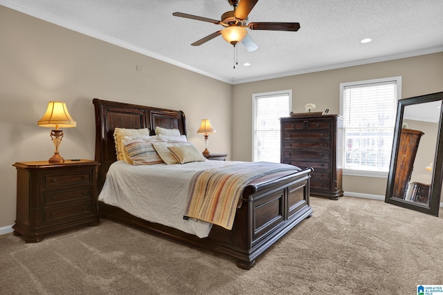 bedroom with light carpet, ornamental molding, a ceiling fan, a textured ceiling, and baseboards