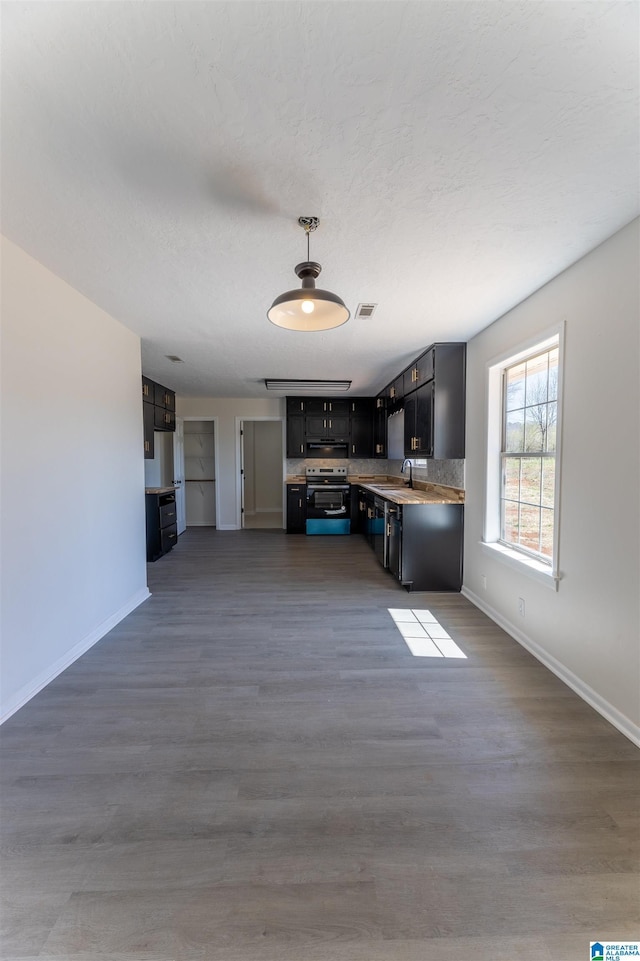 130 Alexandria Heights Cir, Alexandria, AL 36250 - kitchen with dark cabinets, a sink, range with electric stovetop, open floor plan, and backsplash