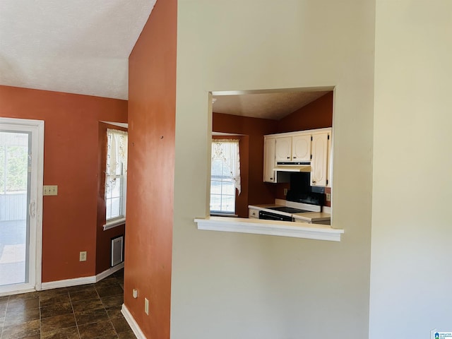 kitchen featuring white cabinetry, electric stove, a healthy amount of sunlight, and under cabinet range hood