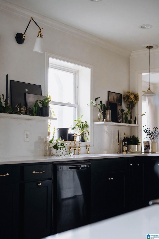kitchen featuring open shelves, black dishwasher, dark cabinets, and crown molding