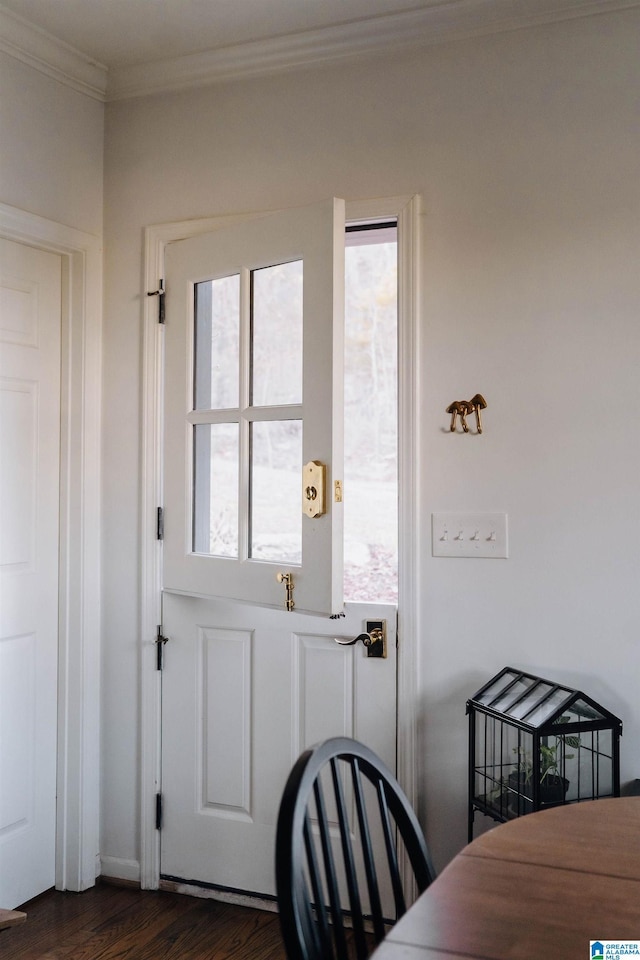 entryway featuring dark wood-type flooring and ornamental molding