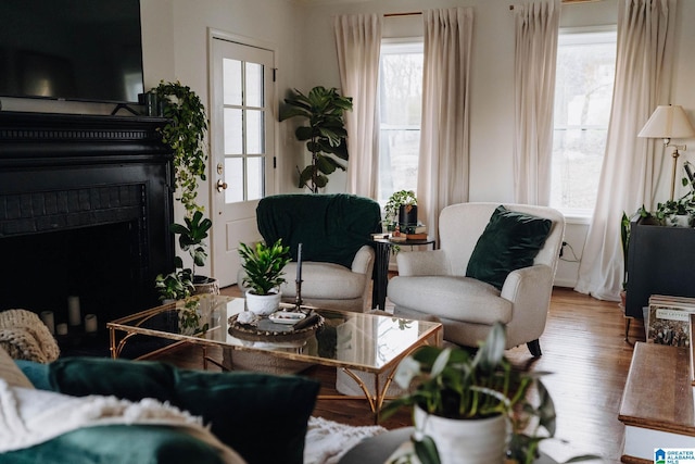 living area featuring a healthy amount of sunlight, a fireplace, and wood finished floors