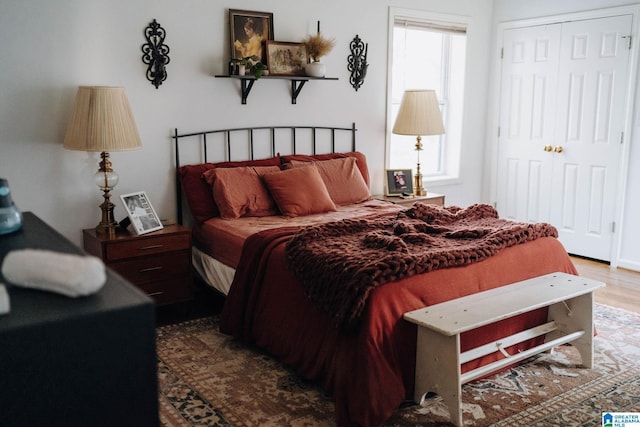 bedroom with a closet, multiple windows, and wood finished floors