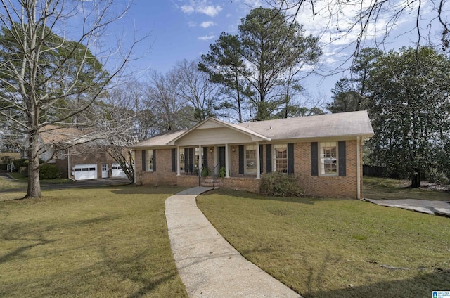 ranch-style home featuring a garage, brick siding, roof with shingles, and a front lawn