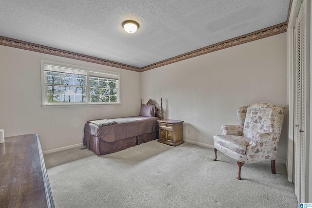 bedroom with carpet flooring, baseboards, and a textured ceiling