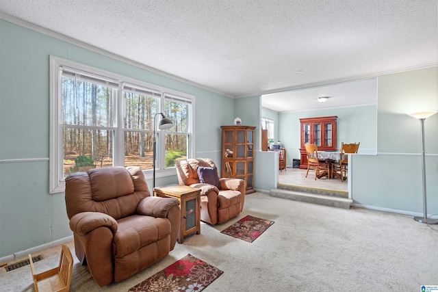 living area with visible vents, baseboards, ornamental molding, carpet floors, and a textured ceiling