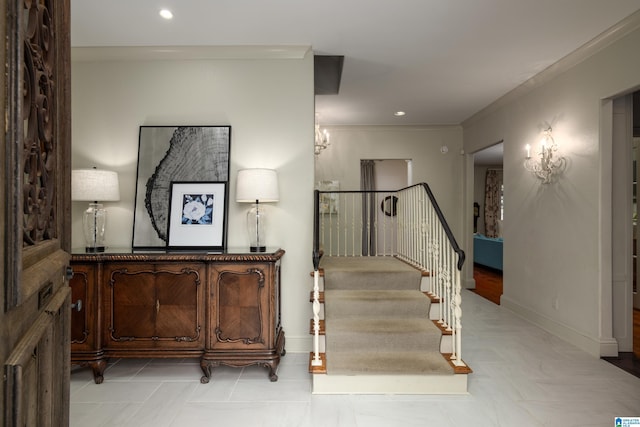 stairs featuring recessed lighting, baseboards, and ornamental molding