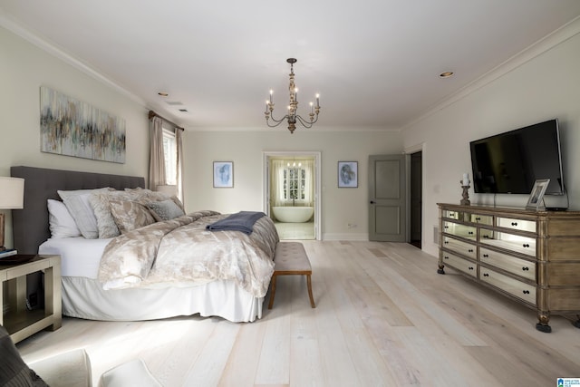 bedroom featuring crown molding, multiple windows, light wood finished floors, and a chandelier