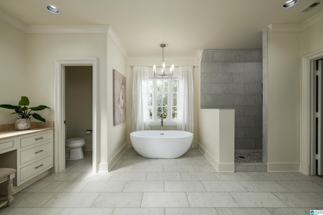 bathroom featuring visible vents, a freestanding bath, ornamental molding, walk in shower, and a notable chandelier