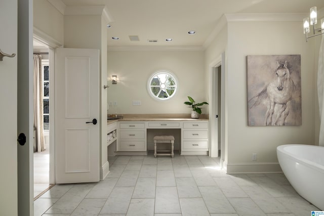 full bath with ornamental molding, recessed lighting, a soaking tub, marble finish floor, and vanity