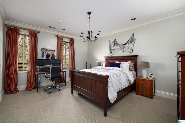 carpeted bedroom with an inviting chandelier, crown molding, visible vents, and baseboards