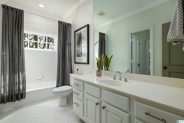 full bathroom with tile patterned floors, toilet, ornamental molding, and vanity