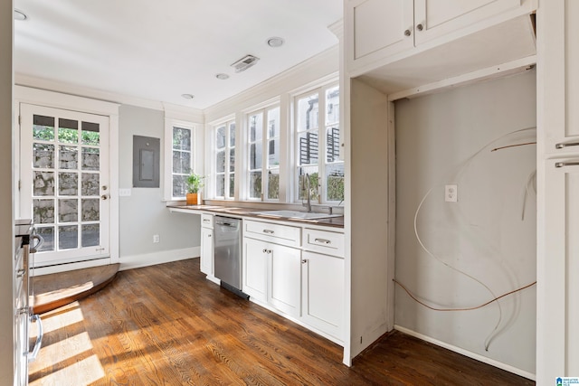 kitchen with a sink, dark wood-type flooring, baseboards, white cabinetry, and stainless steel dishwasher