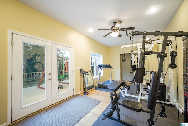 workout area with baseboards, recessed lighting, french doors, wood finished floors, and a ceiling fan