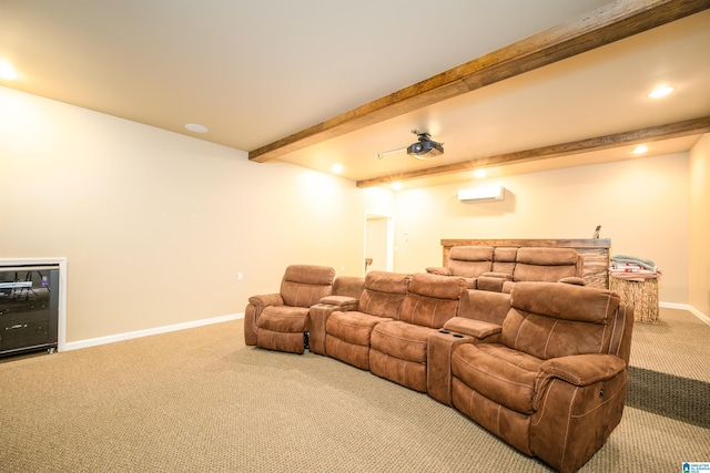 carpeted cinema room with beamed ceiling, recessed lighting, baseboards, and a wall mounted air conditioner