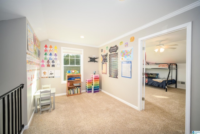 recreation room featuring crown molding, carpet, baseboards, and visible vents