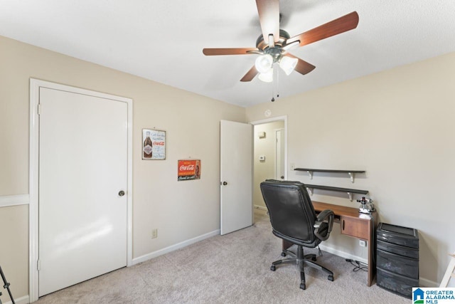 office with ceiling fan, baseboards, and carpet floors