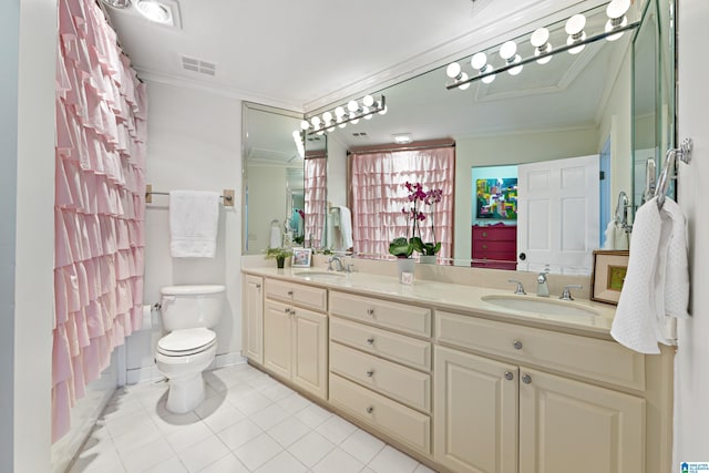 bathroom with visible vents, toilet, crown molding, and a sink