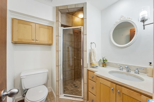 full bathroom featuring toilet, a stall shower, and vanity