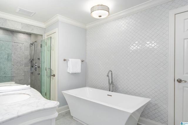 full bath featuring baseboards, visible vents, a freestanding bath, ornamental molding, and a shower stall