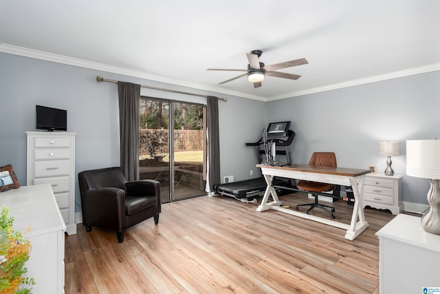 home office with light wood finished floors, ceiling fan, and ornamental molding